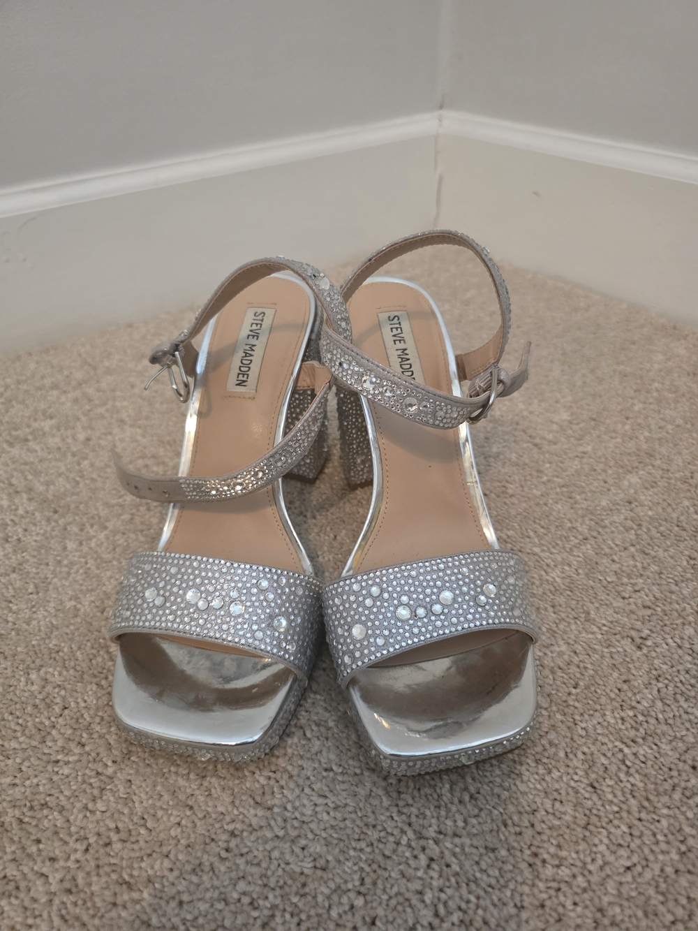 Steve Madden Silver Embellished Block Heel Sandals